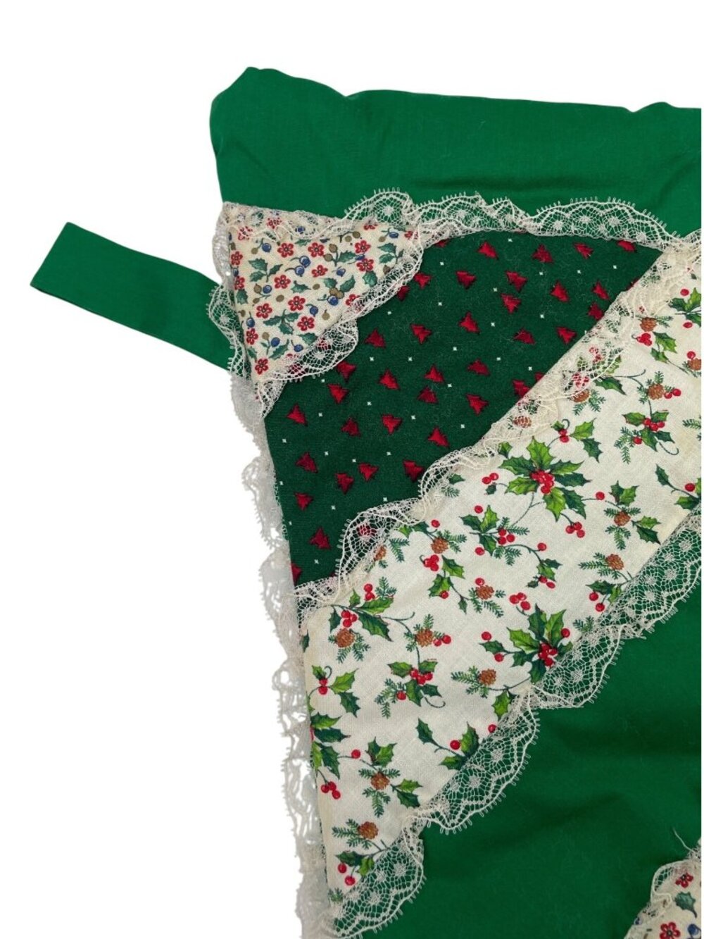 Handmade Vintage Christmas Stocking Green Patchwork Lace Trimmed - Picture 3 of 8